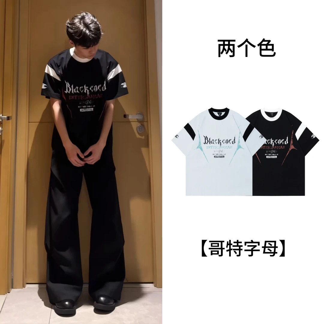 MKSN【哥特字母】印花美式复古拼接款短袖t恤男情侣宽松圆领上衣