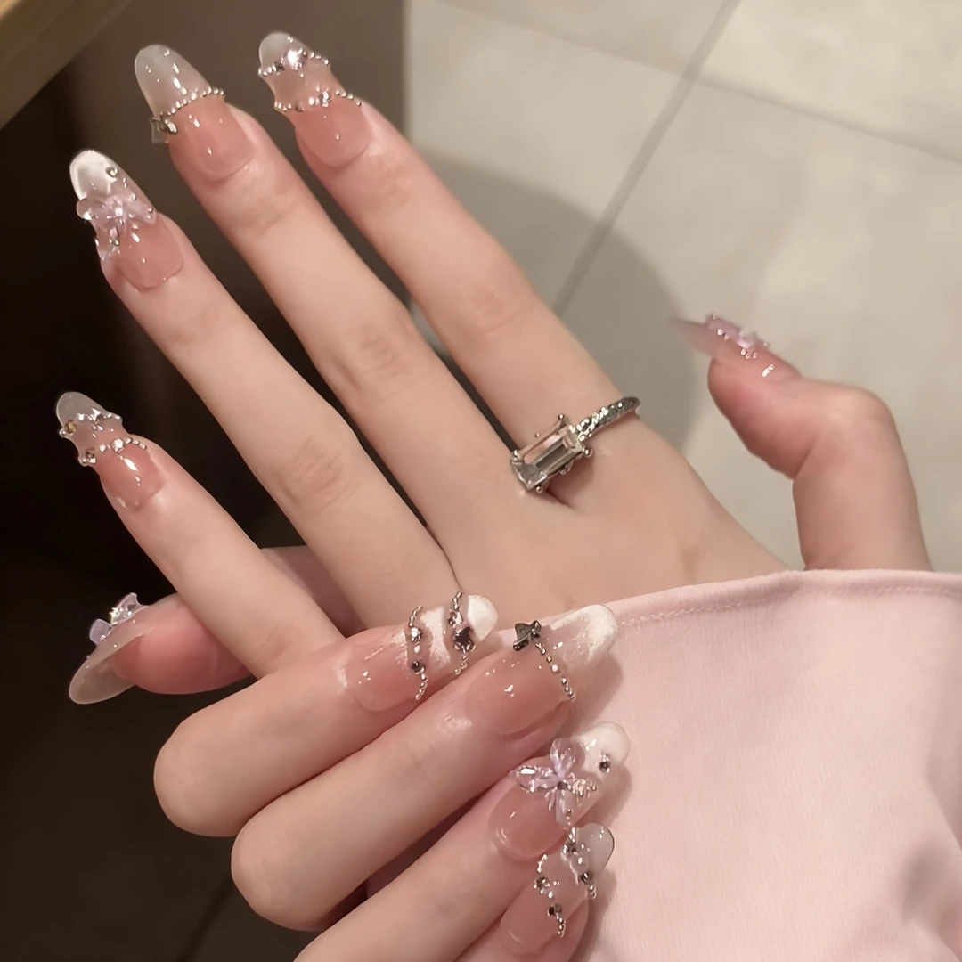 【蝶仙子】纯手工穿戴甲高级爆闪裸色猫眼蝴蝶碎钻显白婚甲美甲