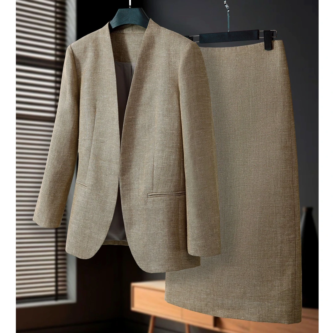 2025南油高定春夏天然金丝亚麻西装外套裙子气质高级时尚套装潮流