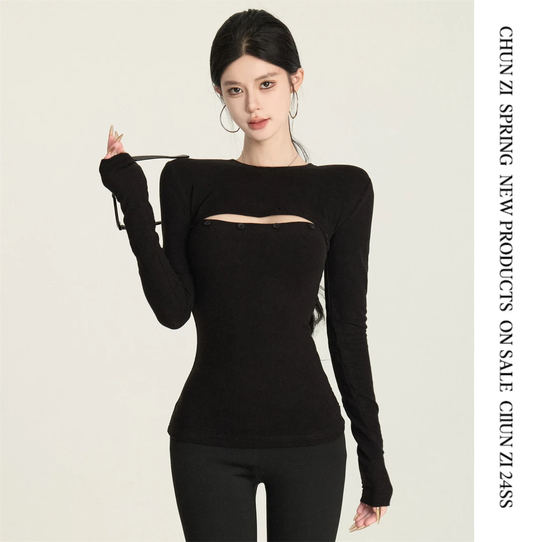 【CHUN ZI】漫画胸 纯欲性感修身显瘦小心机辣妹长袖上衣