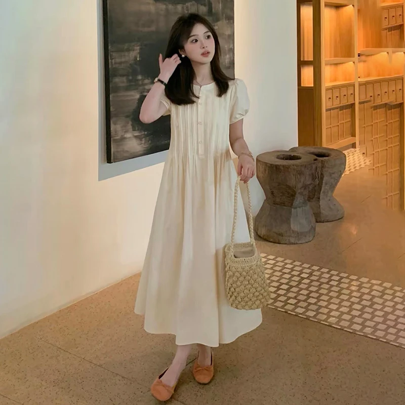 2025夏季女款气质长裙纯色小个子无袖背心裙宽松大裙摆短袖连衣裙