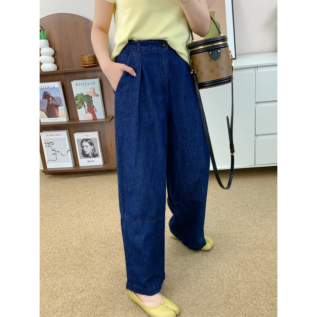 简约风宽松哈伦牛仔裤女2025夏季新款小个子高腰阔腿裤九分奶奶裤