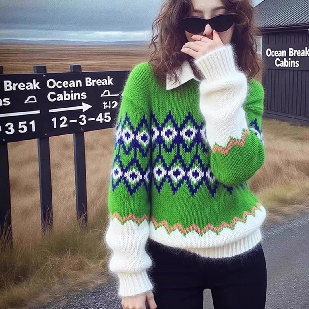 小个子韩系软糯绿色费尔岛针织衫女秋冬慵懒风小众高级感别致上衣