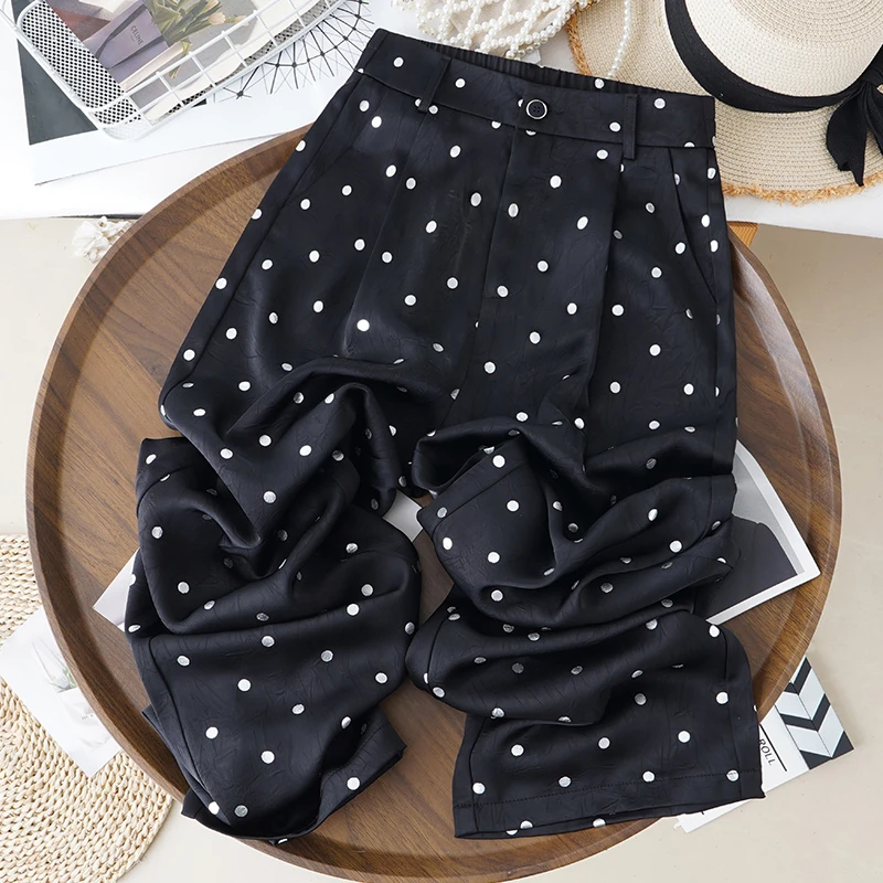 拉夏贝尔波点阔腿裤女夏季薄款2025新款高腰垂坠感缎面防晒直筒裤