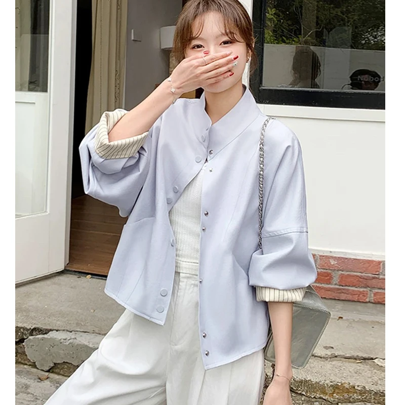 【25013】条纹翻袖立领单排扣韩系风衣外套女