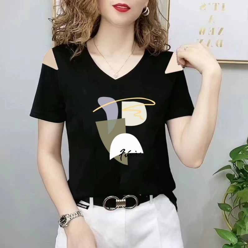 2025夏季新款爆款v领短袖t恤女装百搭洋气黑色体恤气质正肩上衣