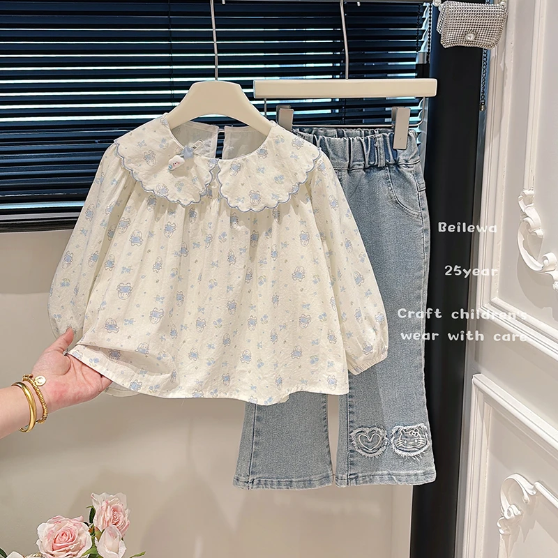 女童春秋儿童长袖纯棉衬衫衬衣外穿女宝宝洋气卡通时尚印花上衣衬