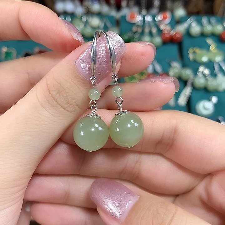 和田玉银S925镶嵌耳饰天然卡12mm左右冰晴水