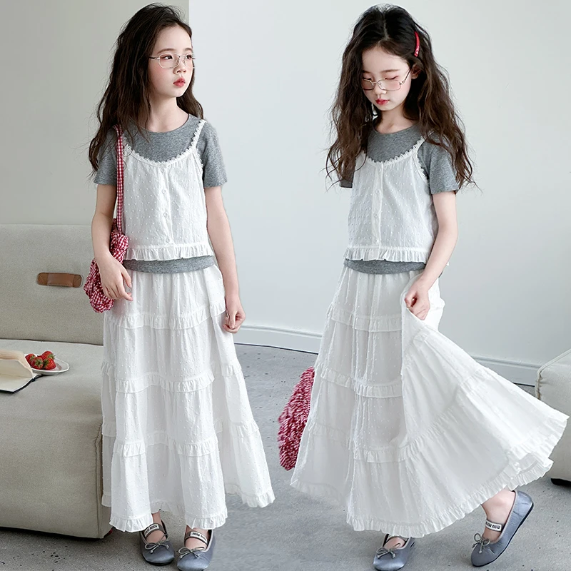 女童洋气套装夏季2025新款小女孩韩范吊带短袖蛋糕裙三件套时髦潮