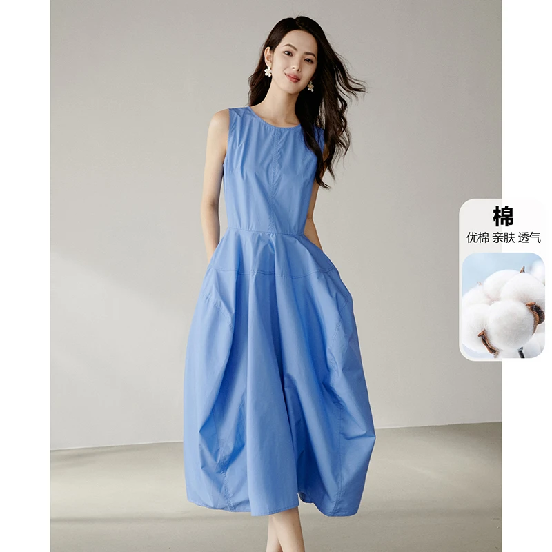 【专享】2025夏裙子棉质收腰圆领无袖连衣裙25011711