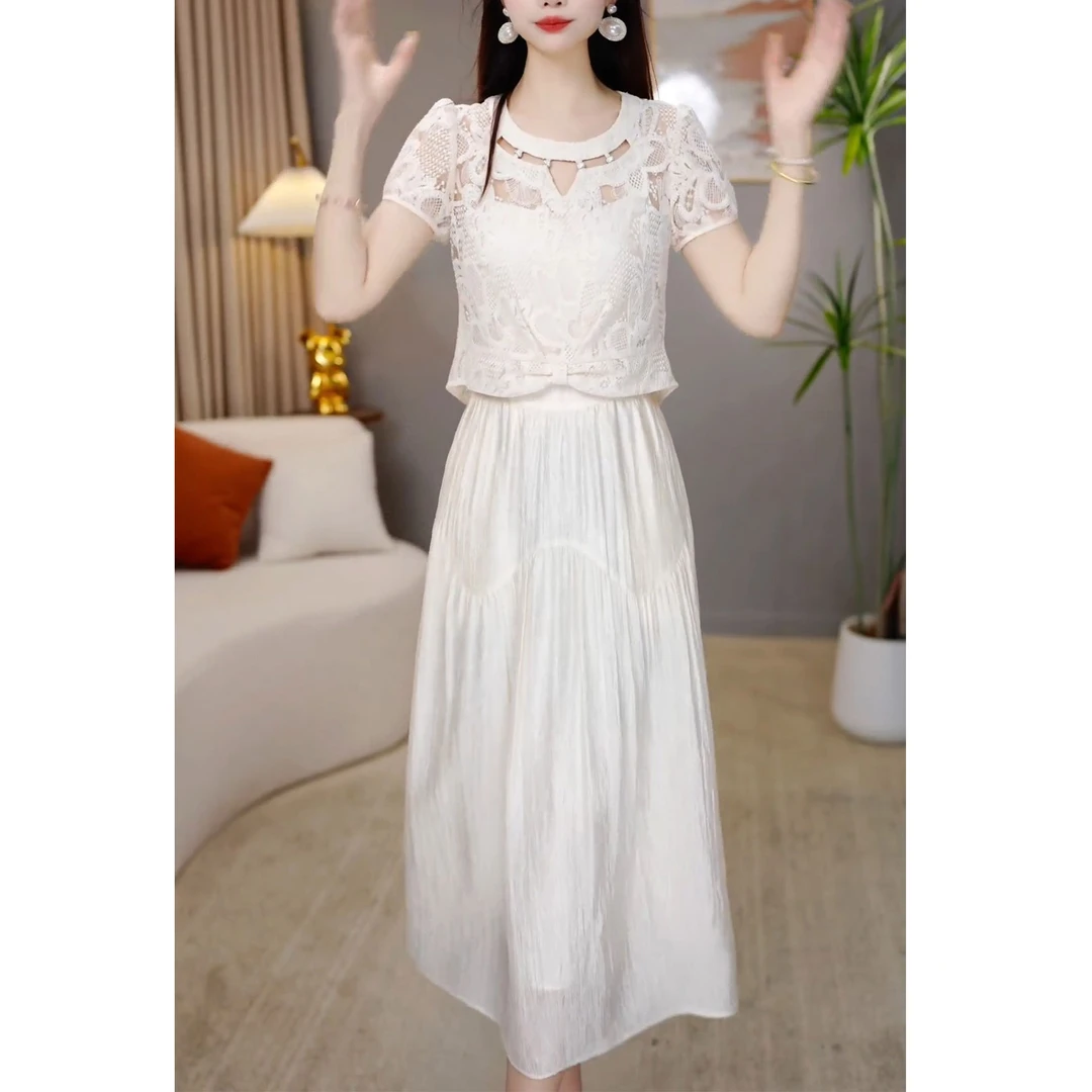 高端镂空蕾丝外衫+吊带连衣裙两件套2025夏季新款气质减龄套裙女