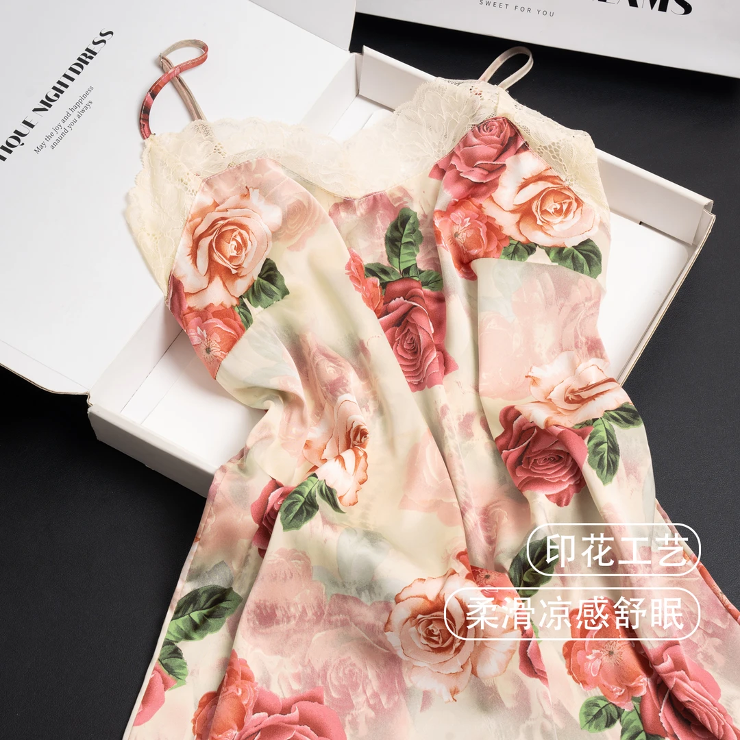 轻奢吊带睡裙女款玫瑰花印花新款夏季时尚带胸垫