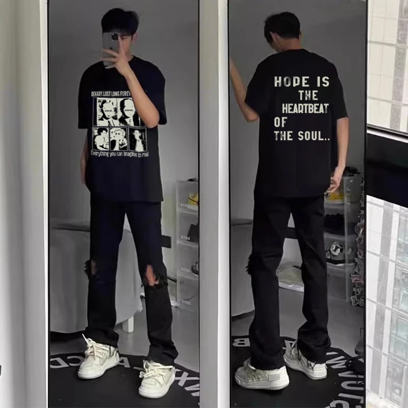 labzaa美式设计感人物字母印花短袖t恤男女夏季休闲纯棉情侣上衣