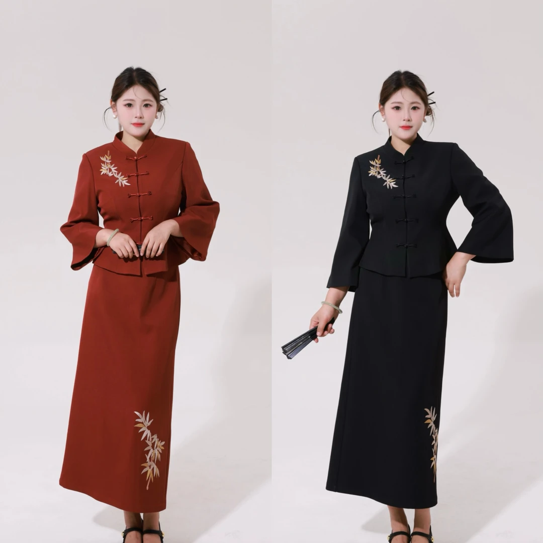 【竹影】蛋妹观与大码女装胖mm秋季显瘦新中式外套半裙套装DM30835