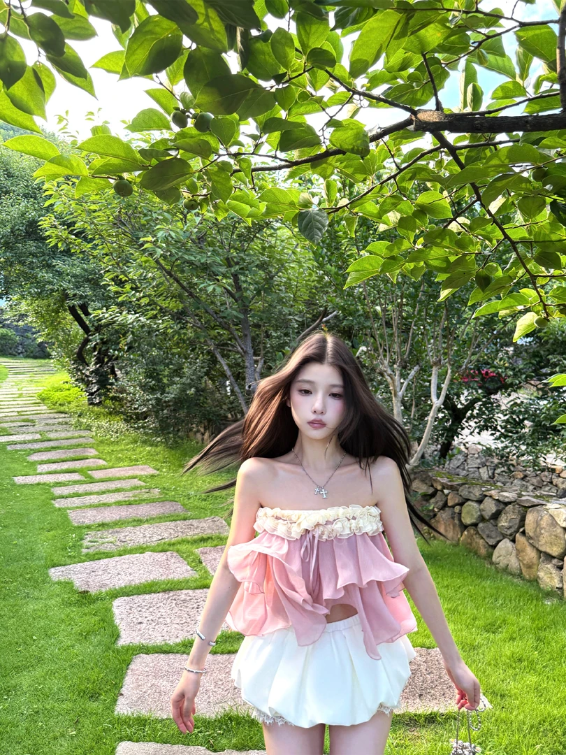 乖囡可莉 设计感多层次立体小花荷叶边抹胸女纯欲短款上衣花苞裙