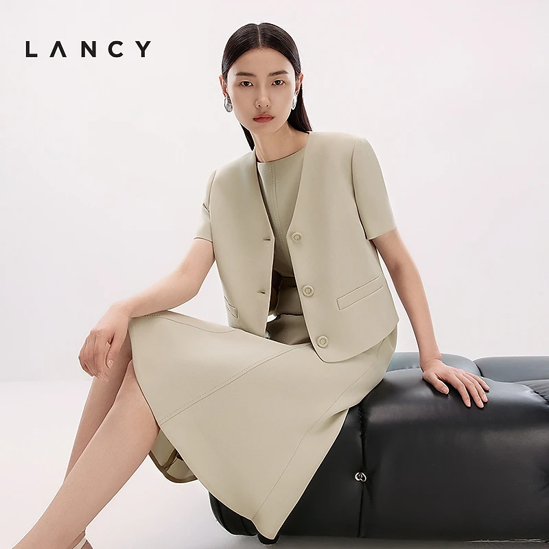 LANCY/朗姿2025夏新款气质通勤三醋酸西装短外套高级V领短袖上衣