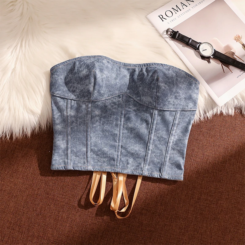 辣妹风复古牛仔鱼骨吊带背心女夏季外穿性感美背束腰无袖打底上衣