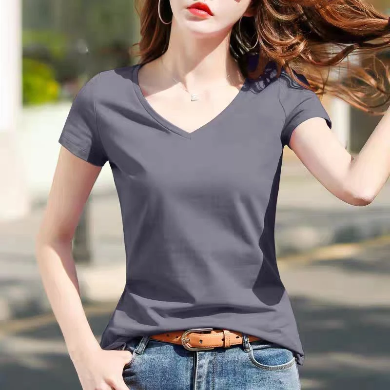 女打底衫修身型圆领镶钻V领夏装短袖韩版T恤拼接透气