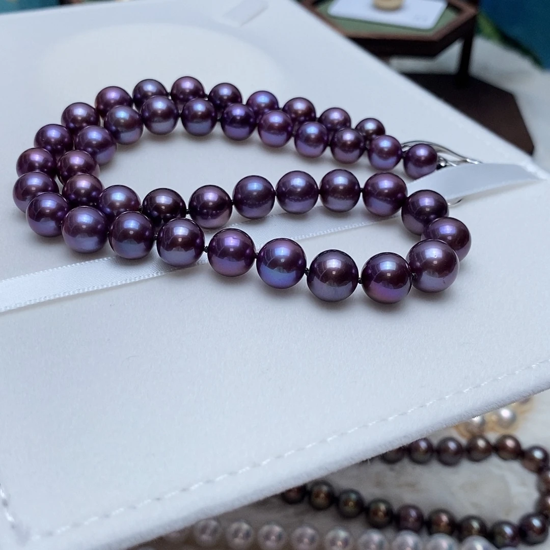 淡水珍珠银S925镶嵌颈饰8-11正圆茄子