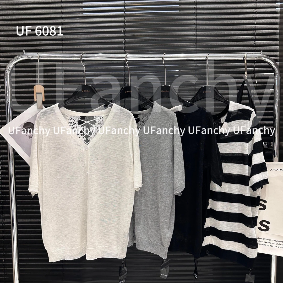 杨杨 UF-老钱风V领显瘦花边拼接上衣6081