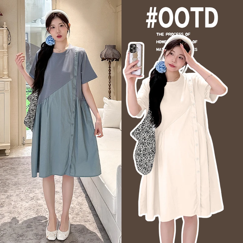 2025孕妇装连衣裙夏装新款拼接假两件套裙宽松大码中长款外穿休闲