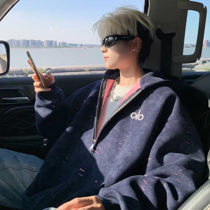 春秋重磅潮牌男女同款情侣卫衣外套连帽撞色秋季花纹刺绣加厚宽松