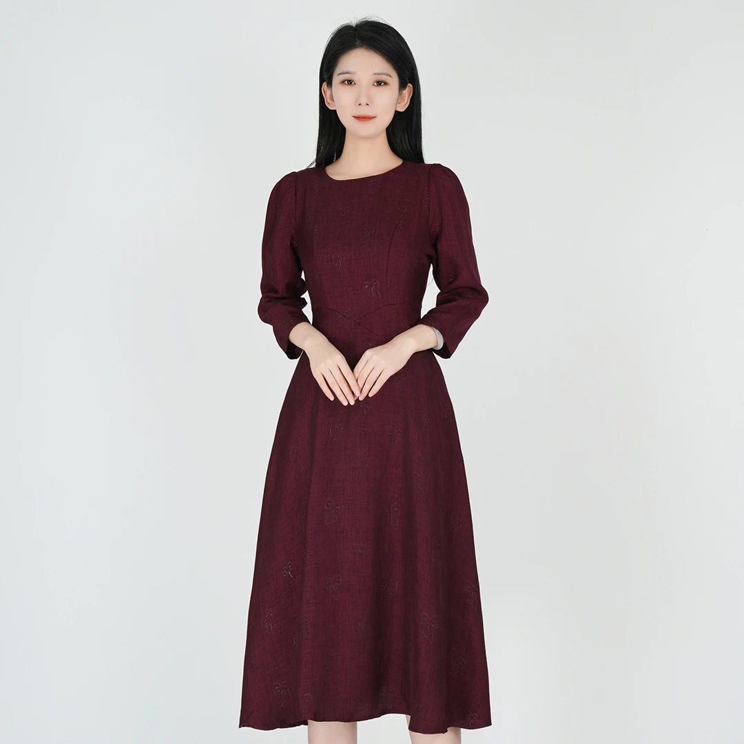 浒城古娘国风新款中式圆领舒适气质长袖女红色连衣裙WH05006677