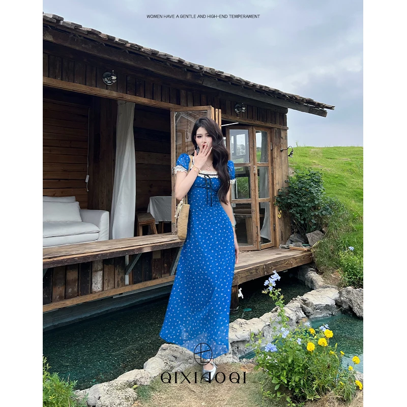 七小七Sicily【伊甸花镜】法式复古蓝色蕾丝方领长款显瘦连衣裙女夏