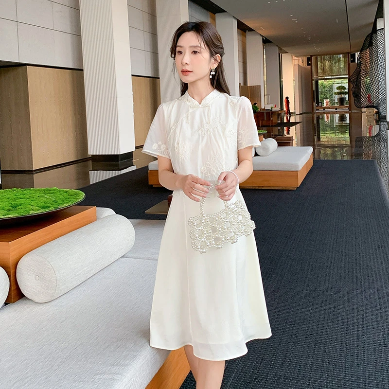 奢姿大码女装2025夏季气质小立领连衣裙胖妹妹流苏时尚旗袍裙子
