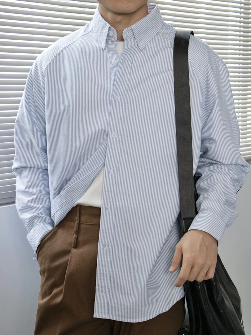 YILUFOREST【25夏系列】纯棉条纹长袖衬衫日系休闲简约翻领衬衣外套