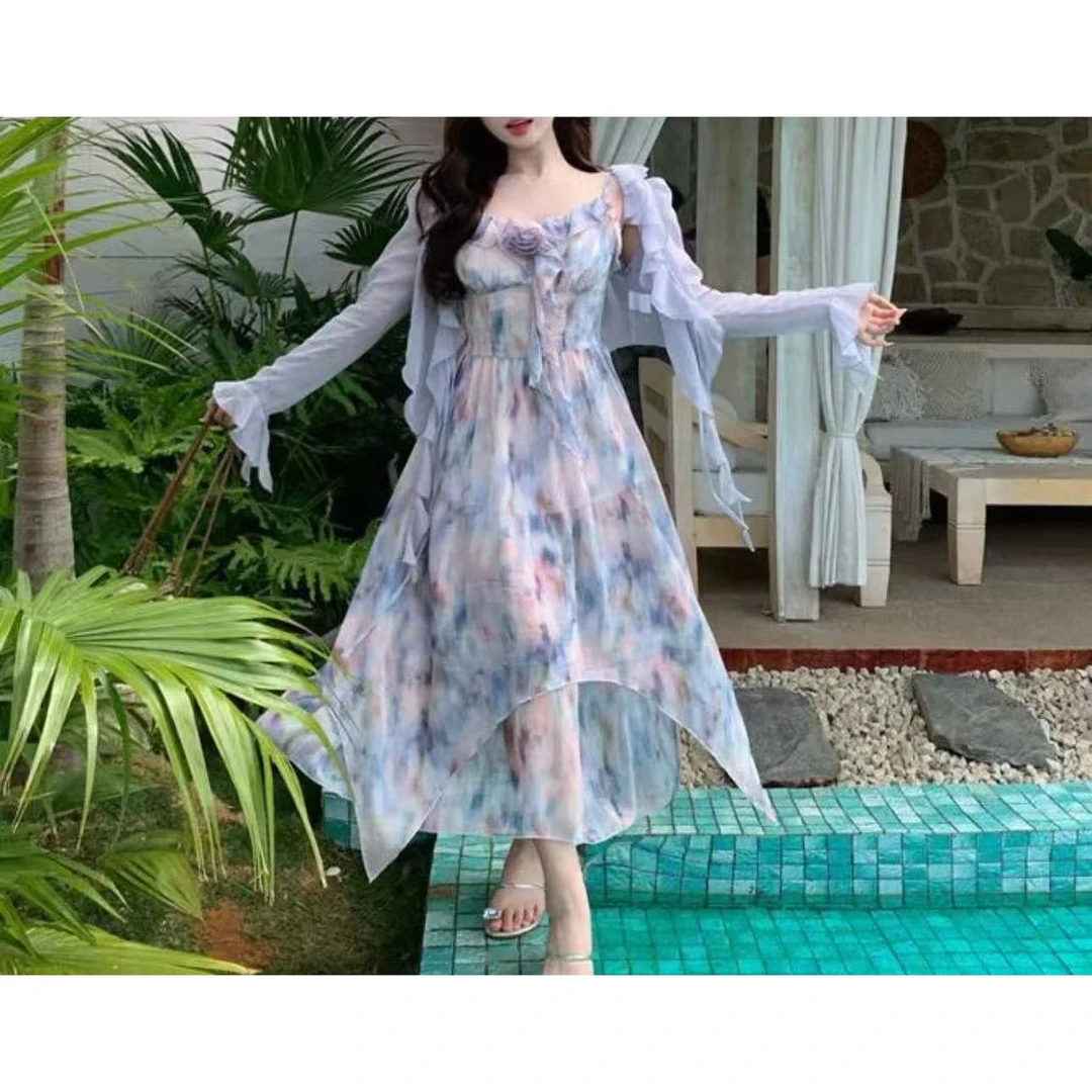 （大苹果）胖mm氛围感油画碎花雪纺裙微胖大码吊带裙子8293+9003