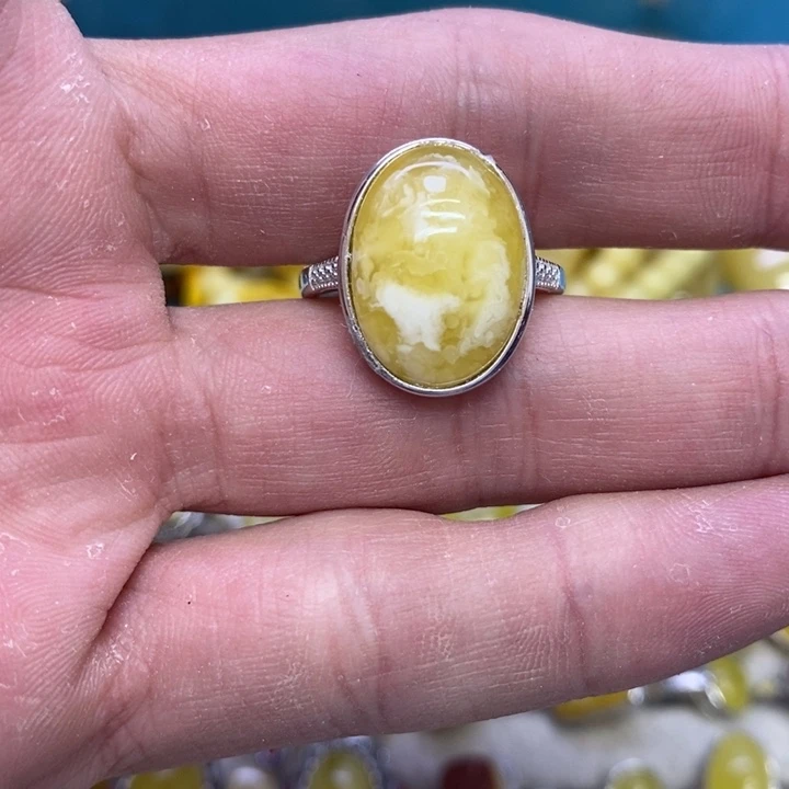 蜜蜡裸石银S925镶嵌戒指