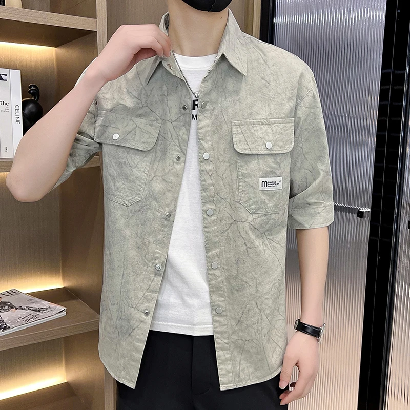 男装夏季短袖男士衬衫外套上衣百搭中袖夏装韩版男士休闲暗纹衬衣