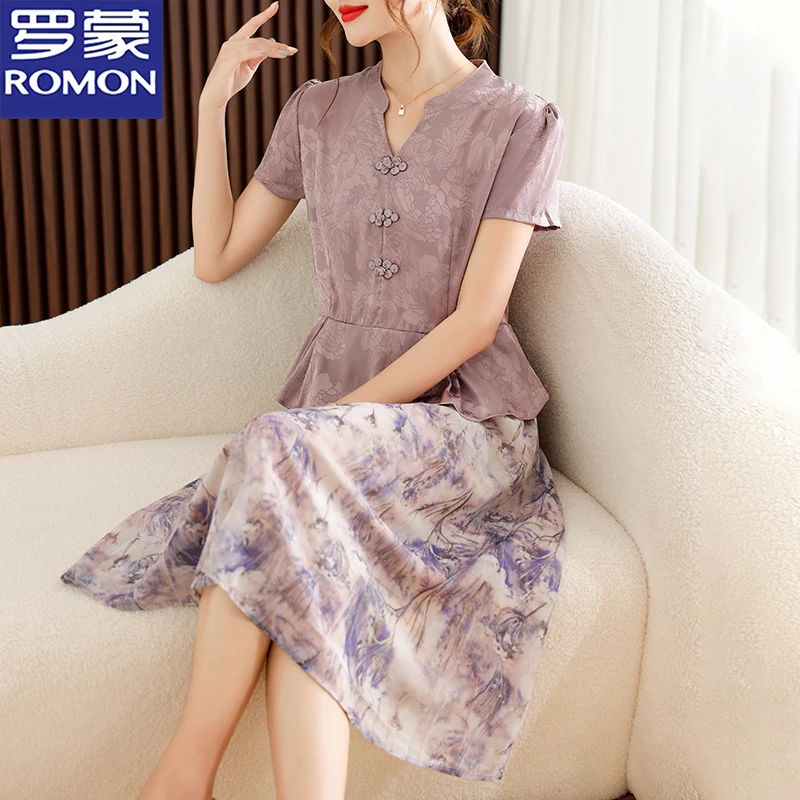 罗蒙妈妈装夏季新中式雪纺连衣裙中老年女装夏季休闲假两件印花裙