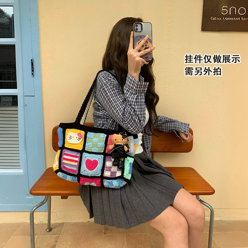 秋冬款kt猫咪可爱黑色包包拼接纯手工钩织宝贝时尚百搭