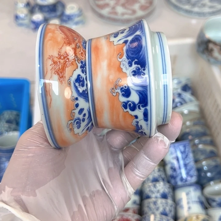 瓷片白青花泛红鱼化龙茶漏微瑕