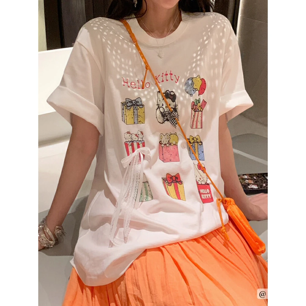 时尚韩系kitty猫卡通印立体蝴蝶结宽松显瘦短袖T恤女2025夏季新款