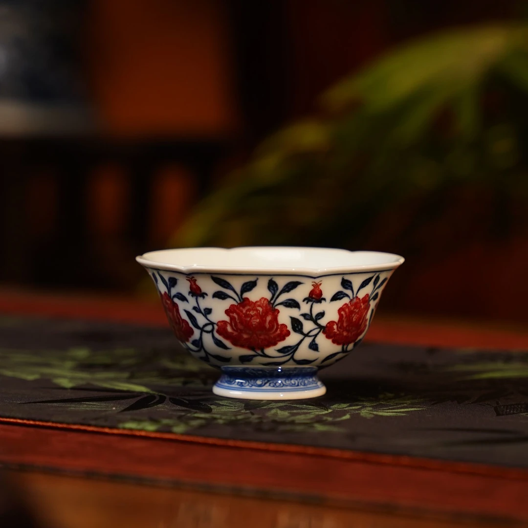 正德御窑永明尚玩山茶花花口杯陶瓷景德镇纯手工手绘品茗茶器1228