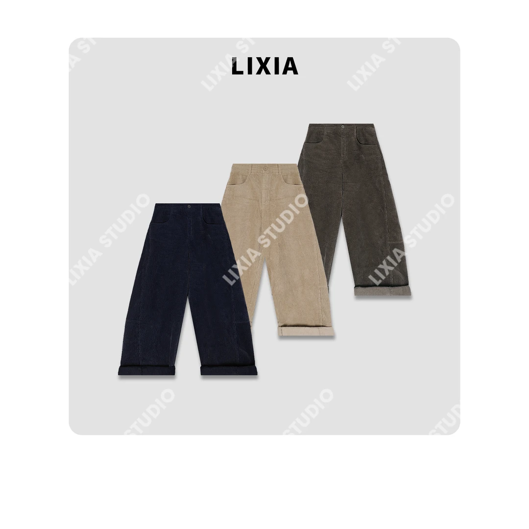 LIXIA【喀纳斯】简约风慵懒感纯棉抓绒灯芯绒休闲九分弯刀裤-D10159