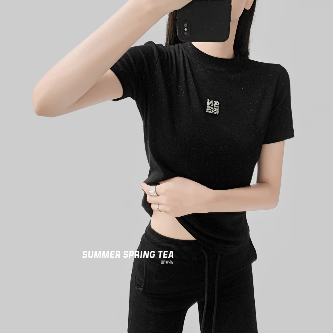 【现货】夏春茶满天星亮粉T恤时髦气质烫钻短袖圆领百搭弹力打底衫