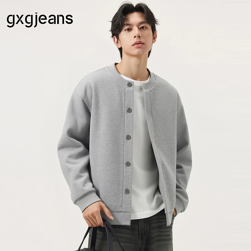 gxg.jeans男装 浅灰色纯色基础宽松开襟卫衣外套男 25年秋季新品
