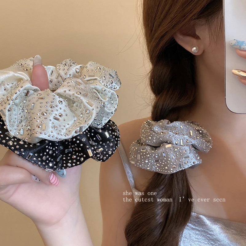 韩国新款高级感满钻水钻气质缎光大肠发圈百搭扎马尾丸子头头饰