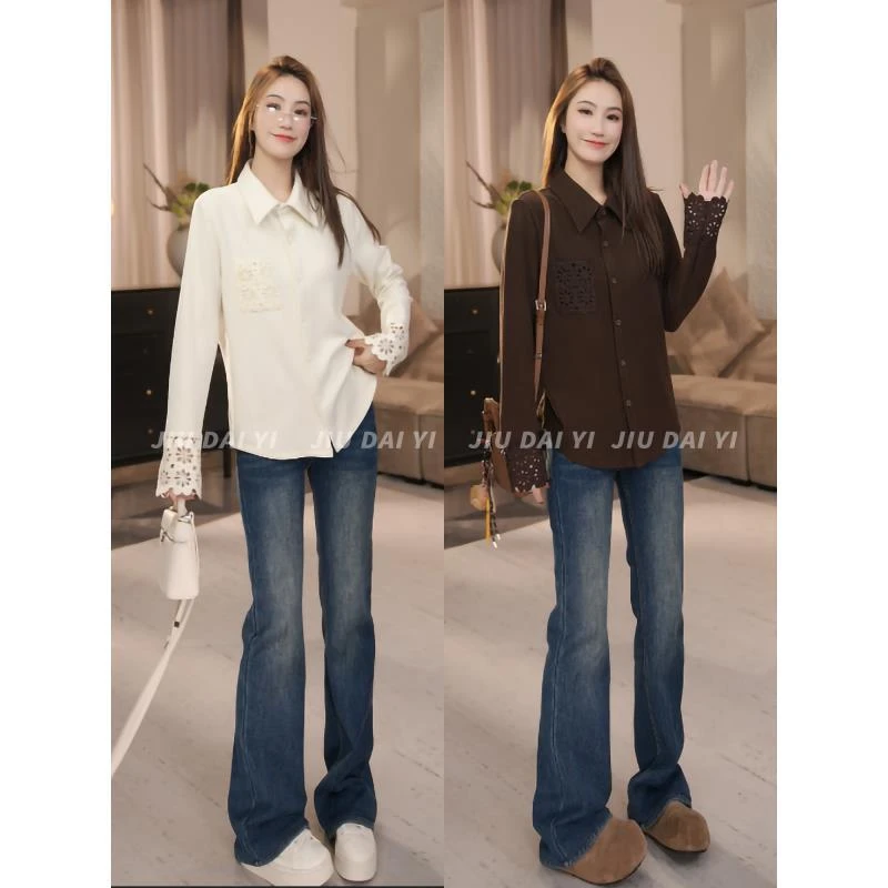 玖黛衣【钩花衬衫】冬季韩版气质蕾丝点缀百搭衬衫CYP47130