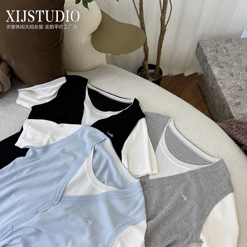 汐家女装 夏季新款超薄假两件冰丝针织上衣大码学院风圆领短袖