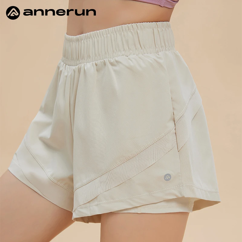 annerun运动短裤女假两件速干防走光高腰跑步三分裤瑜伽健身短裤
