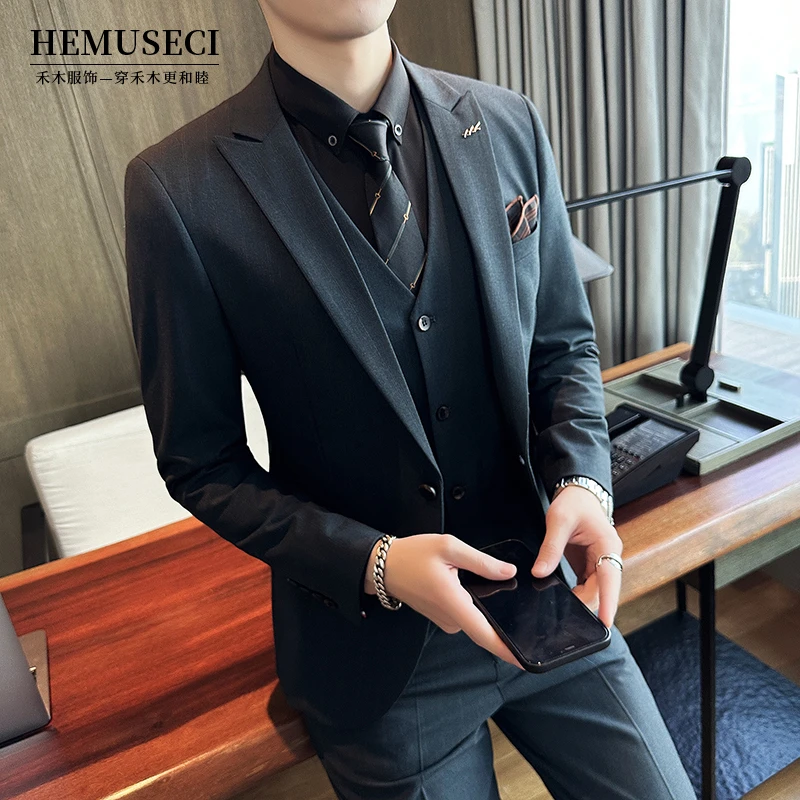 高级感男士英伦修身婚礼西装商务套装商务格子职业戗驳领秋季痞帅