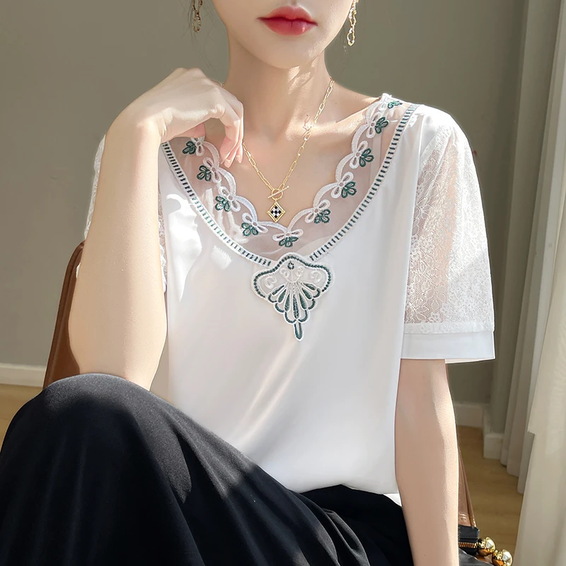 女士夏季t恤大码遮肚蕾丝拼接打底衫缎面短袖上衣