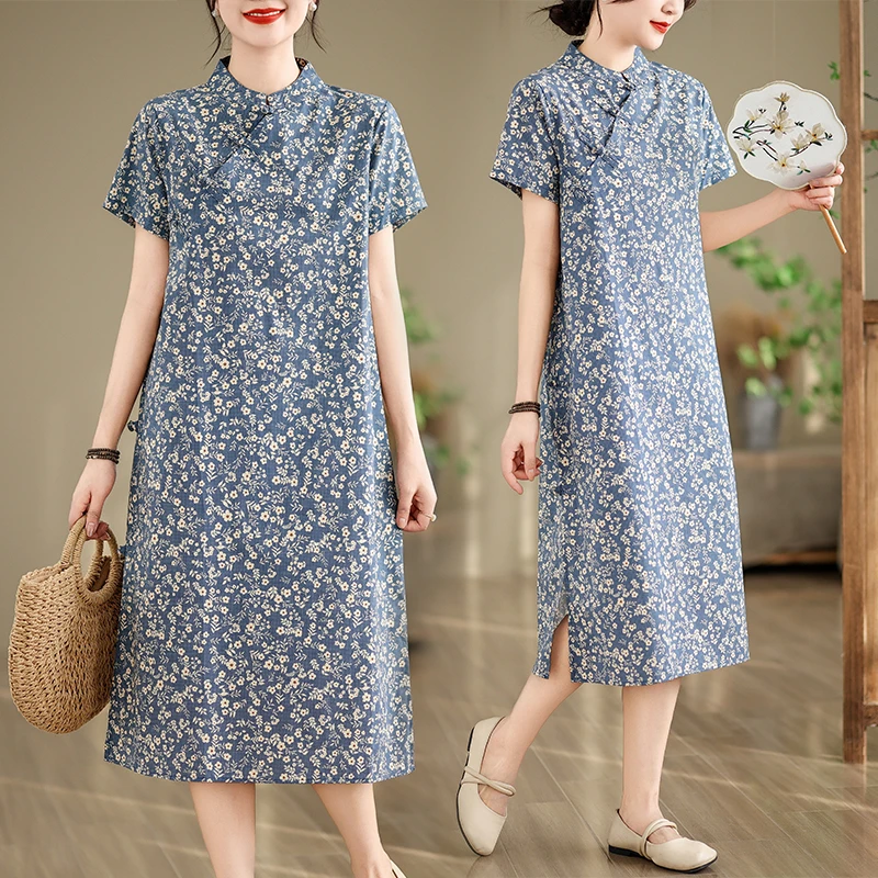 高端复古中式改良旗袍夏棉印花文艺宽松中长款连衣裙文艺复古潮女