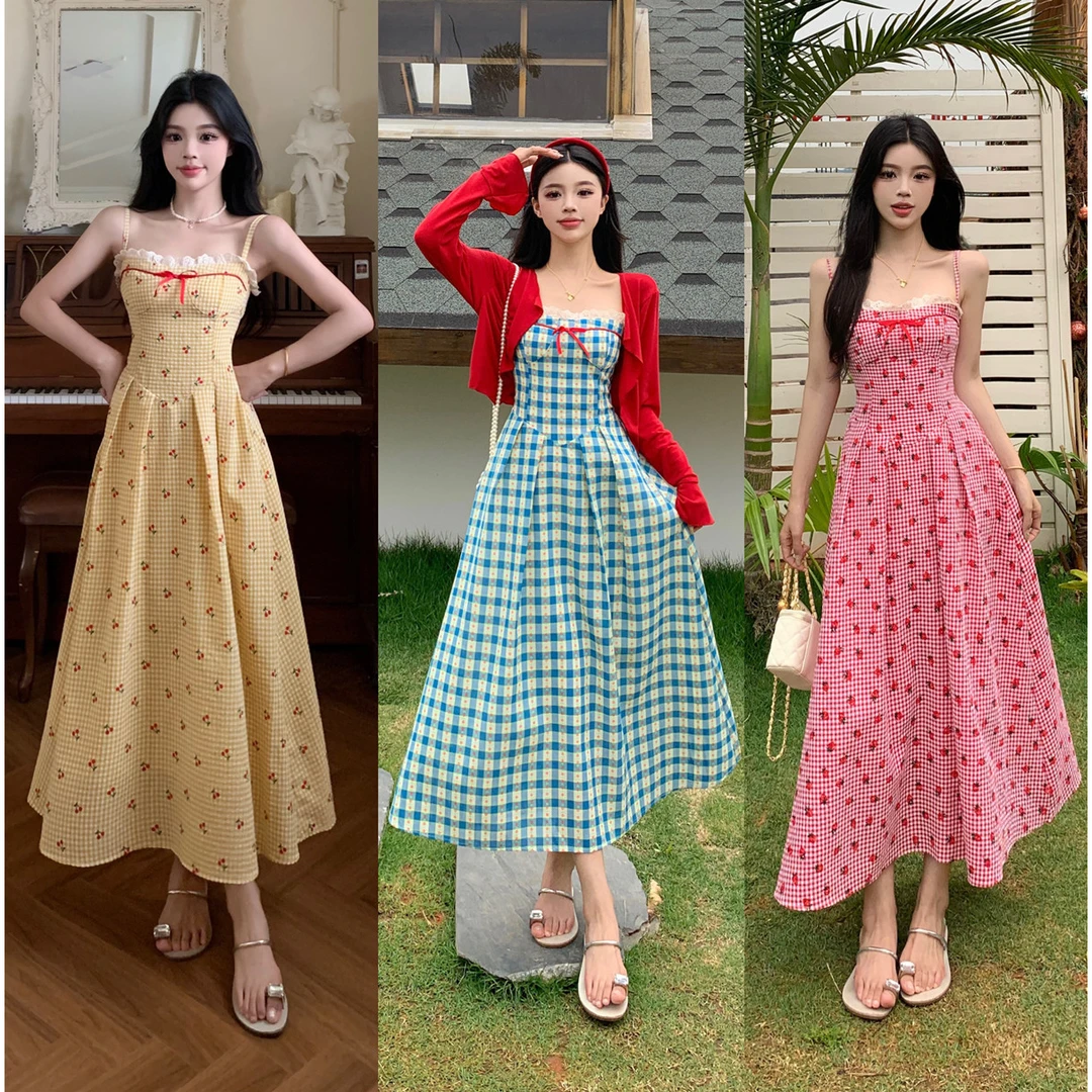 【黄油可颂】樱桃格子显白修身度假吊带连衣裙气质长裙