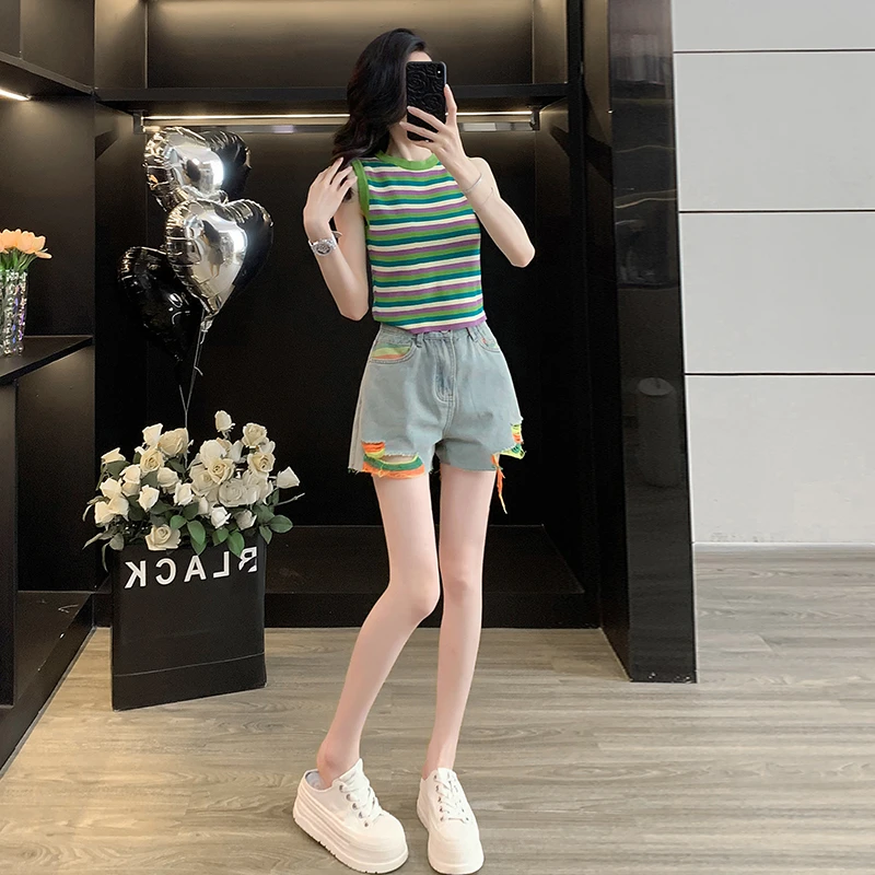 韩版夏季时尚无袖针织衫上衣搭配高腰牛仔短裤套装显瘦减龄两件套